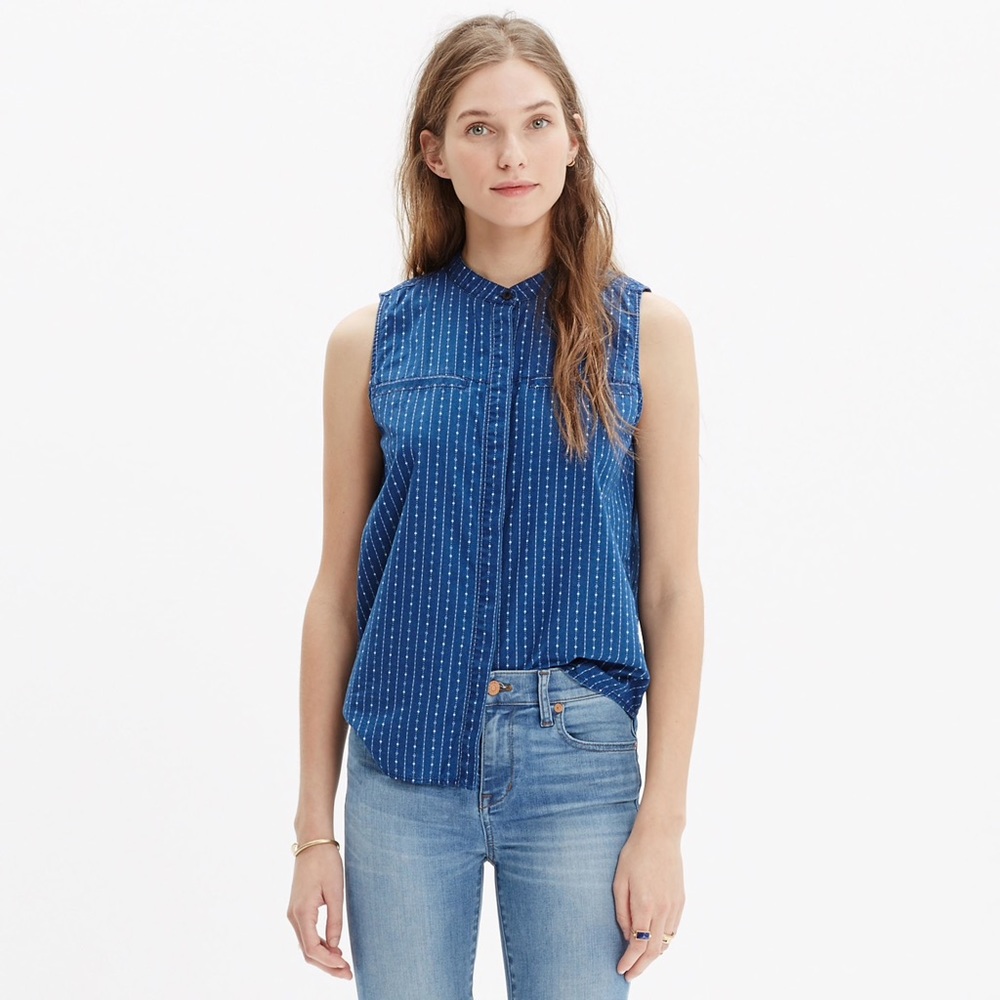 MADEWELL Cotton Sleeveless Shirt in Indigo Stripe - Picture 1 of 3